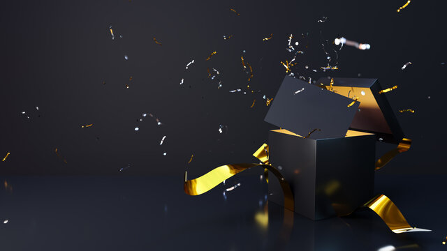 Black gift box with gold bow opens with an explosion of confetti to reveal a blank card. Dark and exclusive look