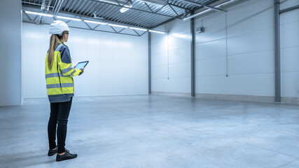 Industry 4.0 Modern Warehouse: Female Engineer in Empty Warehouse Uses Digital Tablet Computer with Augmented Reality Software for Future Factory or Warehouse Layout. Concept Shot of Augmented Reality