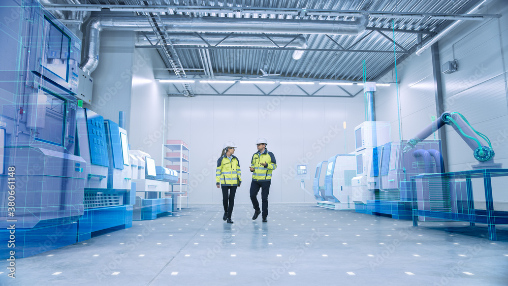 Aufkleber Two Engineers Walk Through Factory Workshop with Augmented Reality 3D Models CNC Machinery Production Line. Industry 4.0 Graphics Visualization in Factory. VFX Special Graphic Effects