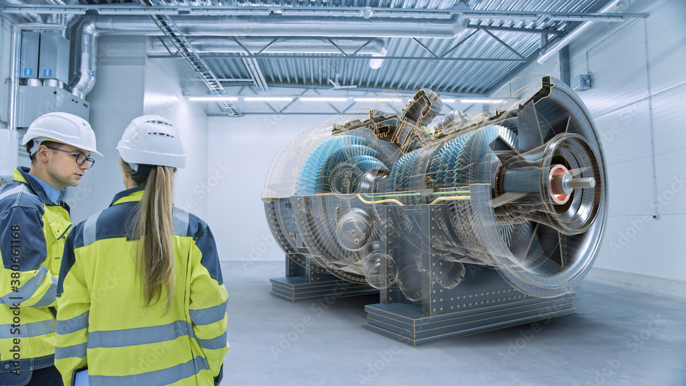 Poster Industry 4.0: Two Engineers Standing, Talking in Factory Workshop with Augmented Reality 3D Turbine Engine, Analysing Components, Fuel Use Efficiency. VFX Special Visual Effects and Graphics
