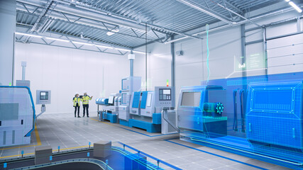 Two Engineers Use Digital Tablet Computer with Augmented Reality Software to Create 3D Blueprint of CNC Machinery Production Line. Industry 4.0 Graphics Visualization in Factory. VFX Special Effects