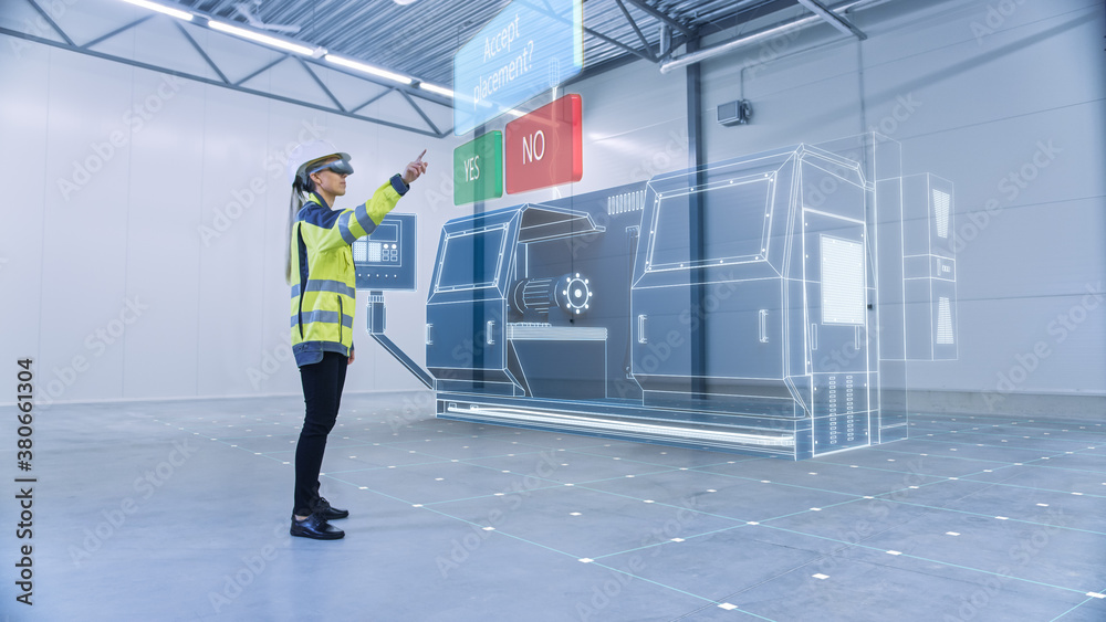 Poster industry 4.0 modern factory: female engineer wearing augmented reality headset uses mixed reality an