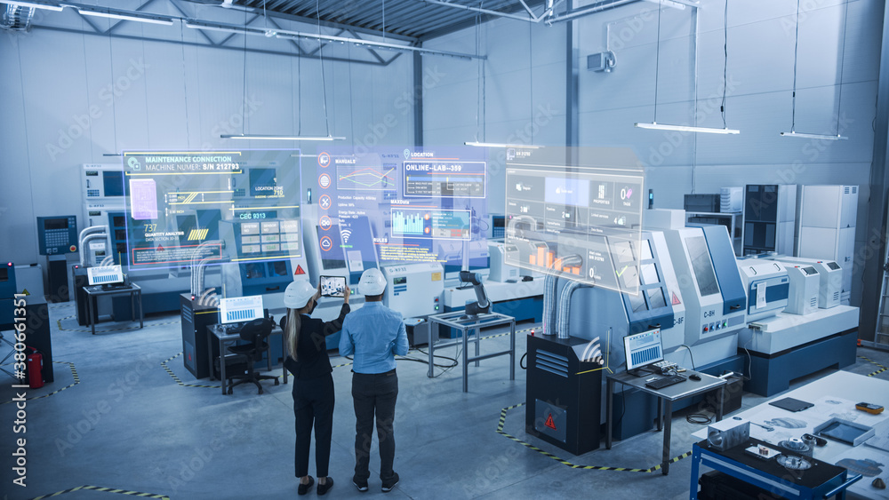 Poster Industry 4.0 Factory: Two Engineers Uses Digital Tablet Computer with Augmented Reality Software to Connect with High-Tech Machinery, Robot Arm and Visualize Maintenance and Diagnostics of Equipment