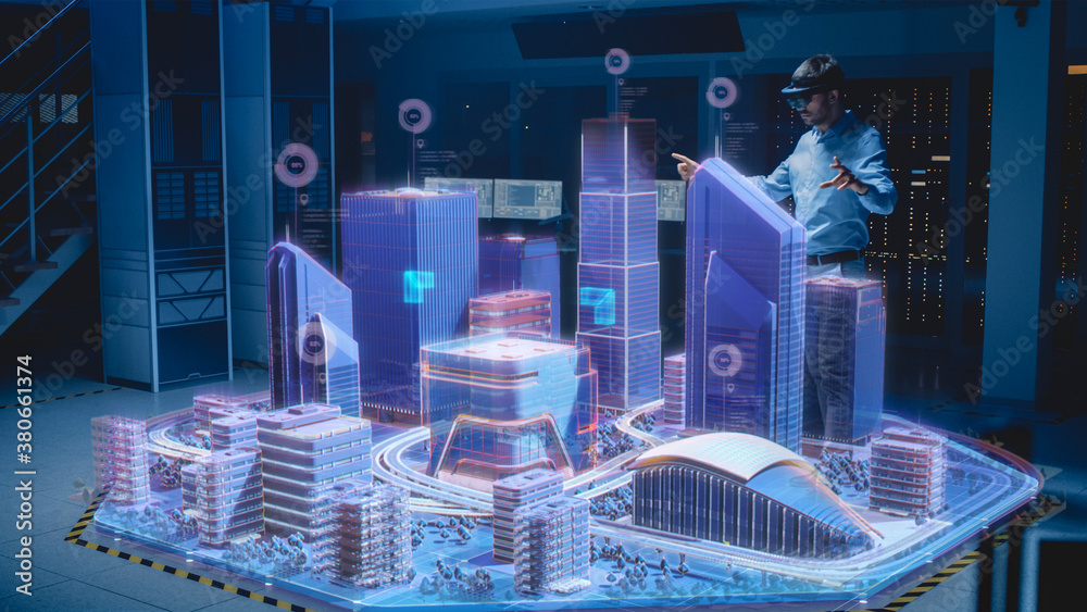 Aufkleber Industry 4.0: Modern Professional Architect Wearing Virtual Reality Headset Uses Gestures to Move, Design, Manipulate Buildings for 3D City. Mixed Augmented Reality Software. VFX Special Visual Effect