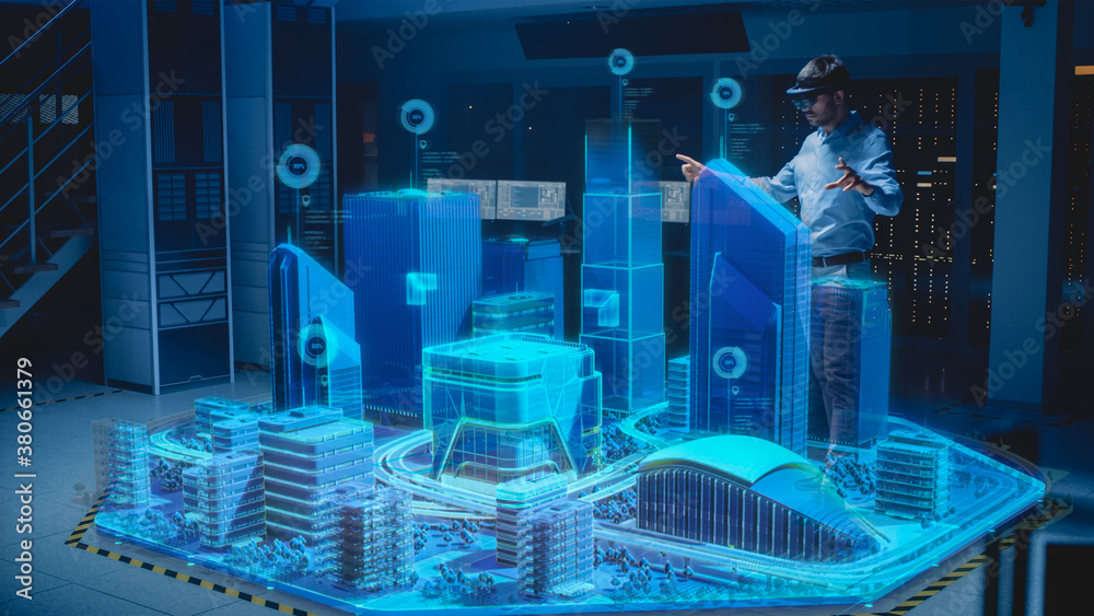 Poster Industry 4.0: Modern Professional Architect Wearing Virtual Reality Headset Uses Gestures to Design, Manipulate Buildings for 3D City. Mixed Augmented Reality Software. VFX Graphics Effect