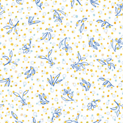 Vector folk art ditsy floral dot pattern. Vintage kitchen line art floral design. Line art florals on white dotted background. Country style nature background. Perefect for kitchen ware, wallpaper and