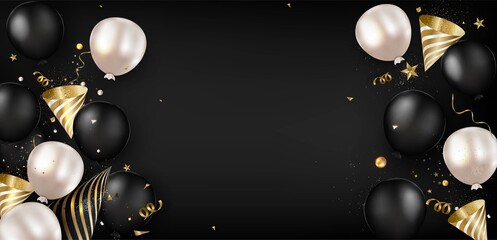 Black Friday Sale. Flat lay background with balloons, holidays decoration. Top view. Vector.