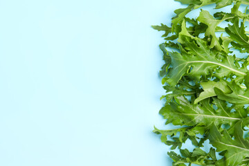 Obraz premium Fresh arugula on light blue background, flat lay. Space for text