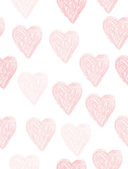 Obraz na płótnie Canvas Simple Hand Drawn Irregular Hearts Vector Pattern. Pastel Pink Sketched Hearts Isolated on a White Background. Infantile Style Valentine Print. 