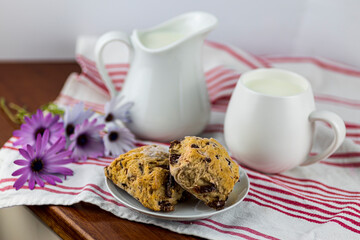 breakfast with milk, daisies, english scones