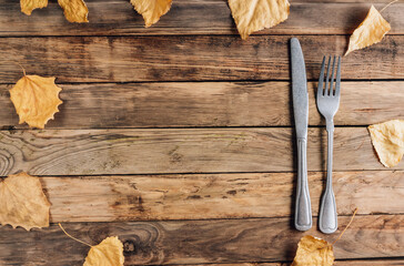 Rustic table setting on a wooden background. Flat lay