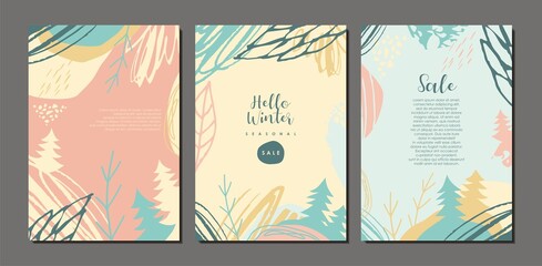 Winter cover design set with leaves, pine trees and abstract landscapes. Seasonal vector graphic for sale posters, backgrounds, brochures, banners, booklets, flyers.