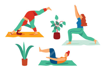 Color vector illustration in flat style isolated on white background. The girl is engaged in yoga. A woman practices yoga asanas. Slim young girl goes in for sports at home