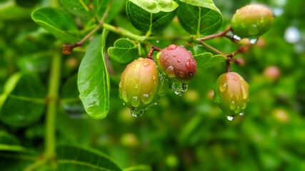 Carissa carandas, Carunda, Koromcha fruit tree with water drops, Indian Karonda seeds ripe red, tropical citrus karanda or koromcha fruit in asia, India