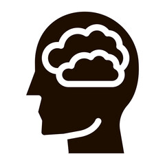 Human Brain In Man Silhouette Mind glyph icon . Gear And Brain, Heart And Shield, Padlock And Coin Mark Pictogram. Black And White Template Contour Illustration