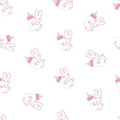 Pink Bunny Baby Milk Bottles Vector Seamless Pattern