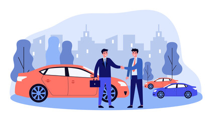 Businessman taking vehicle in car sharing. Automobile, handshake, rent flat vector illustration. Transportation and urban lifestyle concept for banner, website design or landing web page