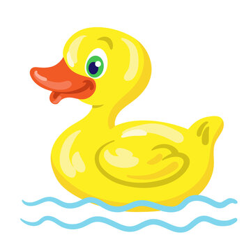 Kids toys. A funny yellow rubber duck is swimming. In cartoon style. Isolated on white background. Vector flat illustration.