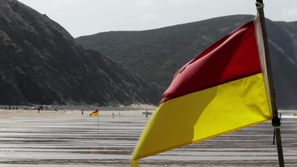 Swimming area flags waving at the wind, Limit area of swimming surveillance, while we see beach and surf activity in the background.
