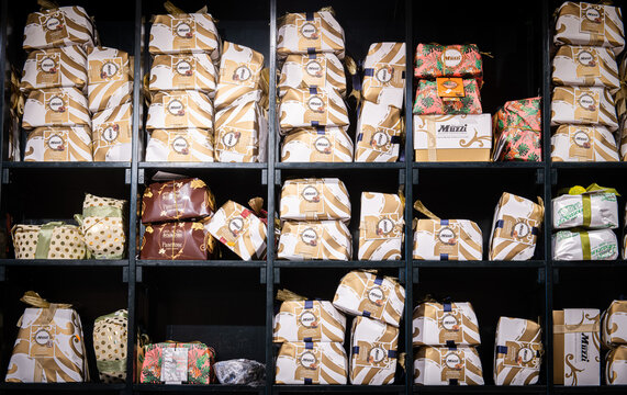 Many Christmas cackes for sale heap of italian traditional sweet panettone