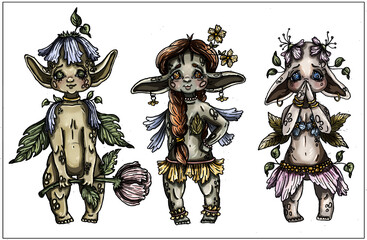 Set of cartoon characters, cute fairytale creatures, kind forest elves with big ears and plump cheeks, short legs and wings similar leaves, with vegitation and flowers on body, in different poses.