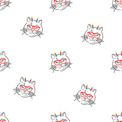 Unicorn cat seamless pattern. Outline hand-drawn illustration. The head of a cat in glasses with two rainbow horns. vector illustration.