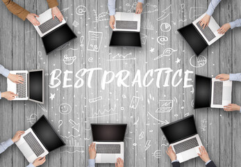 Group of business people working in office with BEST PRACTICE inscription, coworking concept