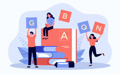 Tiny people near dictionary learning language flat vector illustration. Cartoon characters holding letters for reading and writing lesson. Grammar, literature and communication concept