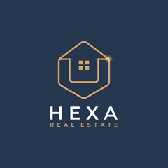 Hexa real estate logo design. Hexagonal line style with a house inside. Flat logo vector design. Usable for real estate, property and mortgage logos.