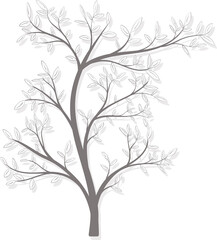 Autumn tree with leaves in gray with shadow on a white background