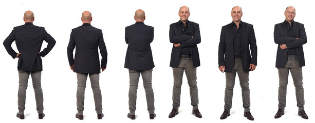 rear and front view of the same man with various poses on white background