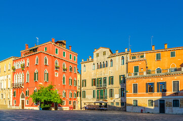 Campo San Anzolo Sant'Angelo square with typical italian buildings of Venetian architecture in Venice historical city centre San Marco sestiere, Veneto region, Northern Italy