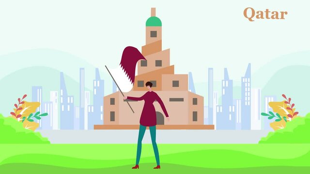 Woman waves Qatar flag near Fanar Mosque building