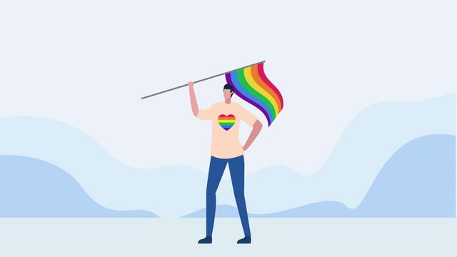 Young man animation waving a rainbow flag