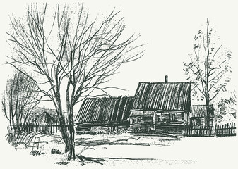 Freehand drawing of village landscape with rural houses and trees