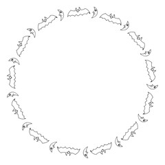 Round frame with black-and-white moon and bat for Halloween. Vector image.