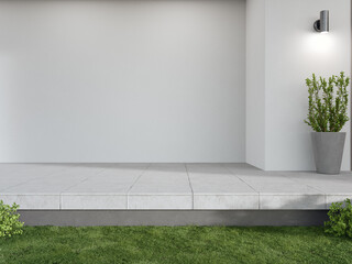 New house with concrete floor terrace and empty white wall. 3d rendering of green grass lawn in modern home.