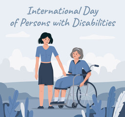 The 3rd of December is the international day of disabled persons. Flat vector illustration of a daughter congratulating her handicapped mother in a wheelchair.