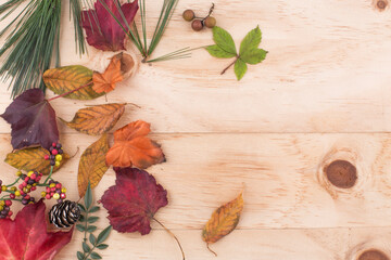 fallen leaves on wooden background, top view.