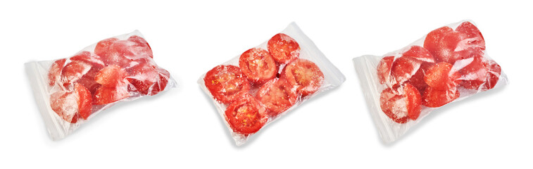Tomato sliced ​​and packed in a zip bag isolated on white background. Preparation for the winter. © Tigran Gasparyan