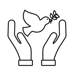hands protecting peace dove with olive branch flying line style icon