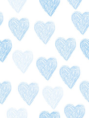 Fototapeta na wymiar Simple Hand Drawn Irregular Hearts Vector Pattern. Pastel Blue Sketched Hearts Isolated on a White Background. Infantile Style Valentine Print.