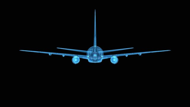 Plane 3d wireframe with thin blue lines. Aviation futuristic hologram on black background. Loop animation