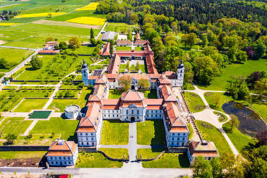 Aerial view of baroque palace Fasanerie with palace garden, Eichenzell, Fulda, Hesse, Germany,