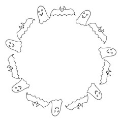 Round frame with black-and-white ghost and bat for Halloween. Vector image.