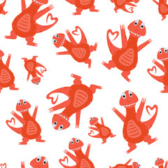 Funny seamless pattern with dinosaurs on white background. Texture with trendy characters for the design of children's textiles, Wallpaper, packaging paper. vector illustration