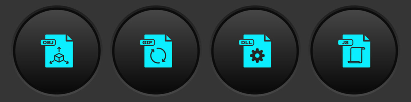Set OBJ file document, GIF, DLL and JS icon. Vector.