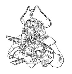 Pirate with pistols. Drawing with the captain Blackbeard. Coloring page.