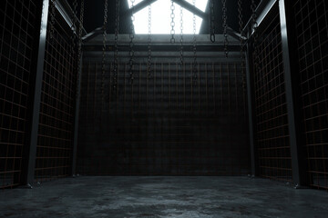 3d rendering of abstract industrial hall with rusty mesh and hanging chains