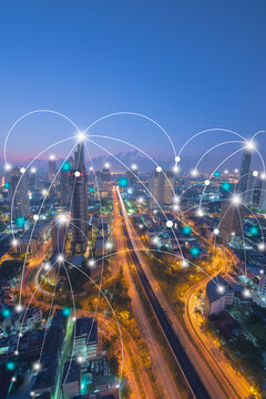 Cityscape and line effect network connection concept,Smart city,Business concept